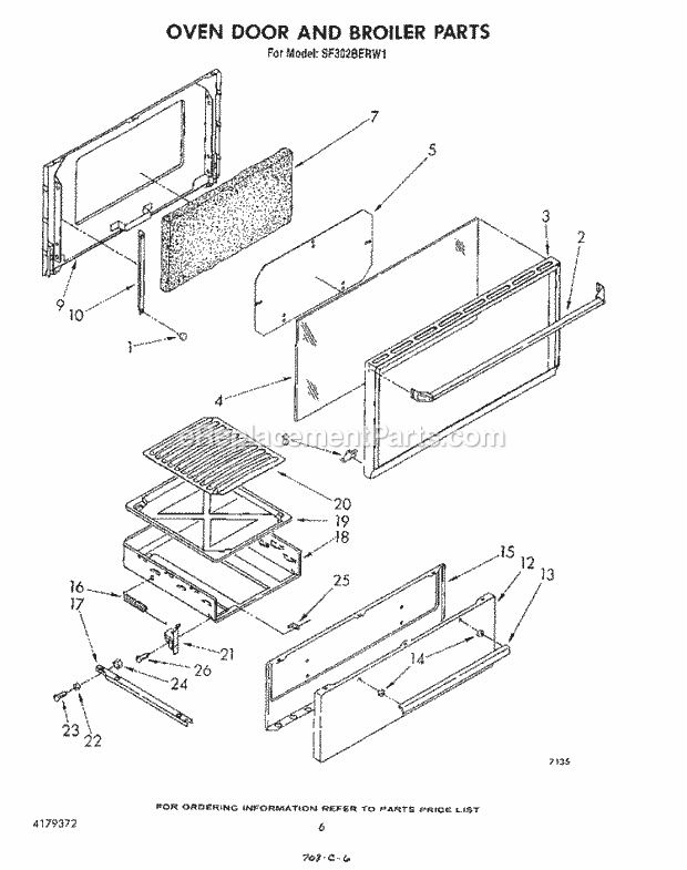 Whirlpool SF302BERW1 Gas Range Oven Door and Broiler Diagram