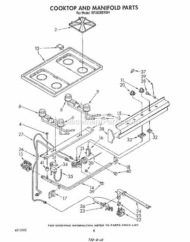 Whirlpool SF302BERW4 Gas Range Cooktop and Manifold , Literature and Optional Diagram