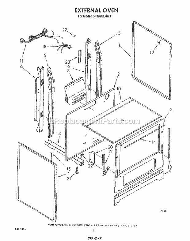 Whirlpool SF302BERW4 Gas Range External Oven Diagram