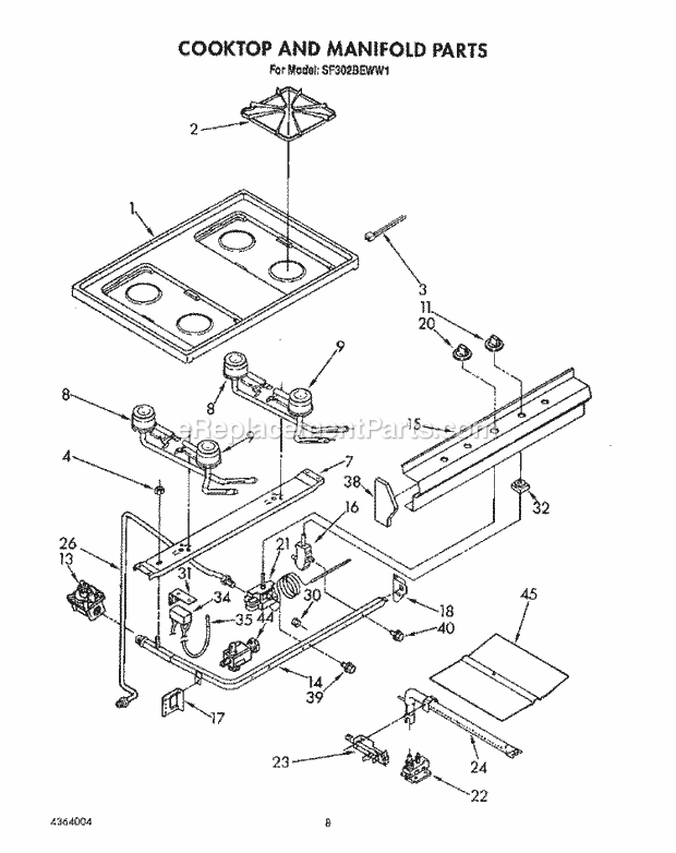 Whirlpool SF302BEWN1 Gas Range Cooktop and Manifold, Lit/Optional Diagram