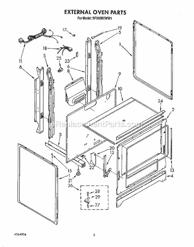 Whirlpool SF302BEWN1 Gas Range External Oven Diagram