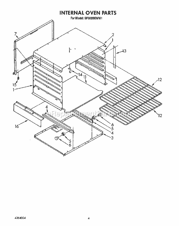 Whirlpool SF302BEWN1 Gas Range Internal Oven Diagram