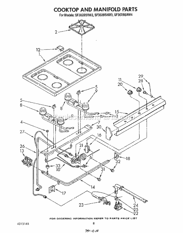 Whirlpool SF302BSRW4 Gas Range Cooktop and Manifold , Literature and Optional Diagram