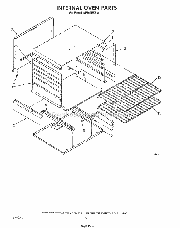 Whirlpool SF302EERW1 Gas Range Internal Oven Diagram