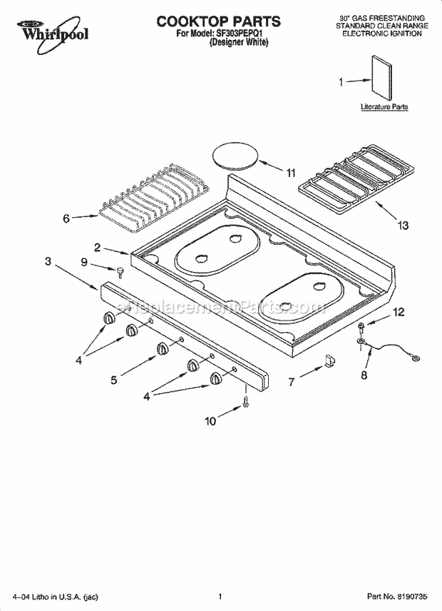 Whirlpool SF303PEPQ1 Freestanding Gas Range Cooktop Parts Diagram