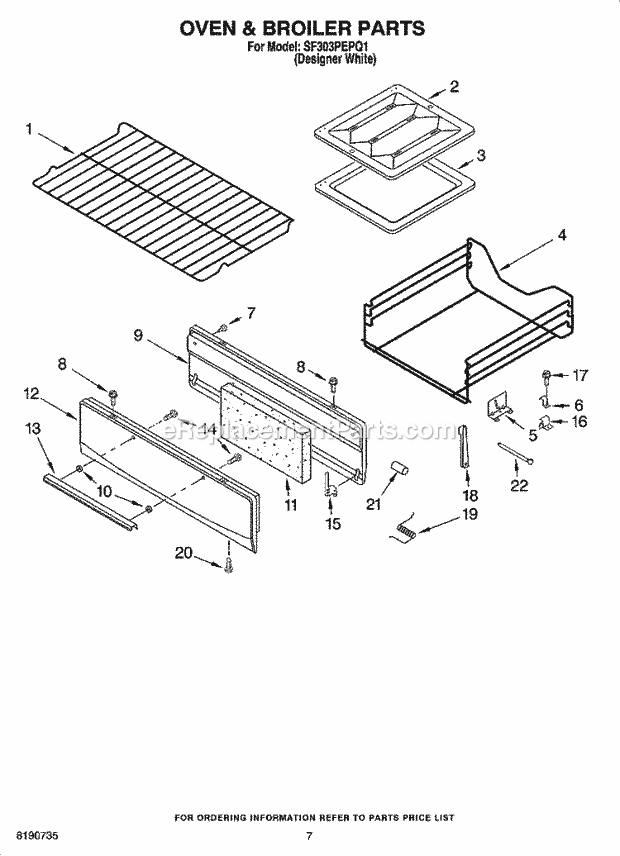 Whirlpool SF303PEPQ1 Freestanding Gas Range Oven & Broiler Parts Diagram