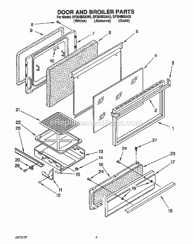 Whirlpool SF304BSAN0 Range Door and Broiler Diagram