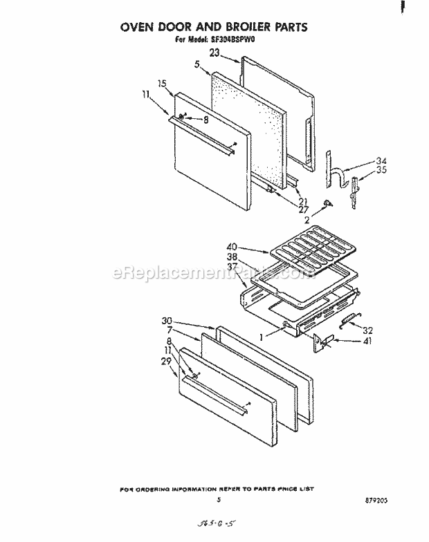 Whirlpool SF304BSPW0 Gas Range Oven Door and Broiler Diagram