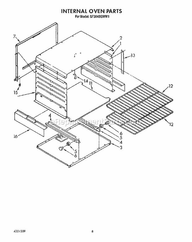 Whirlpool SF304BSWW1 Gas Range Internal Oven Diagram