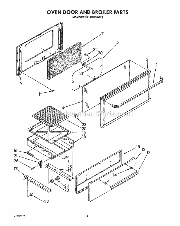 Whirlpool SF304BSWW1 Gas Range Oven Door and Broiler Diagram