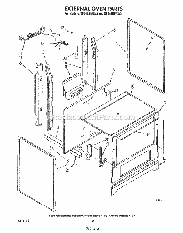 Whirlpool SF305EERW2 Gas Range External Oven Diagram