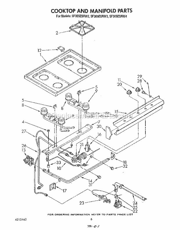 Whirlpool SF305ESRW2 Gas Range Cooktop and Manifold , Literature A Diagram