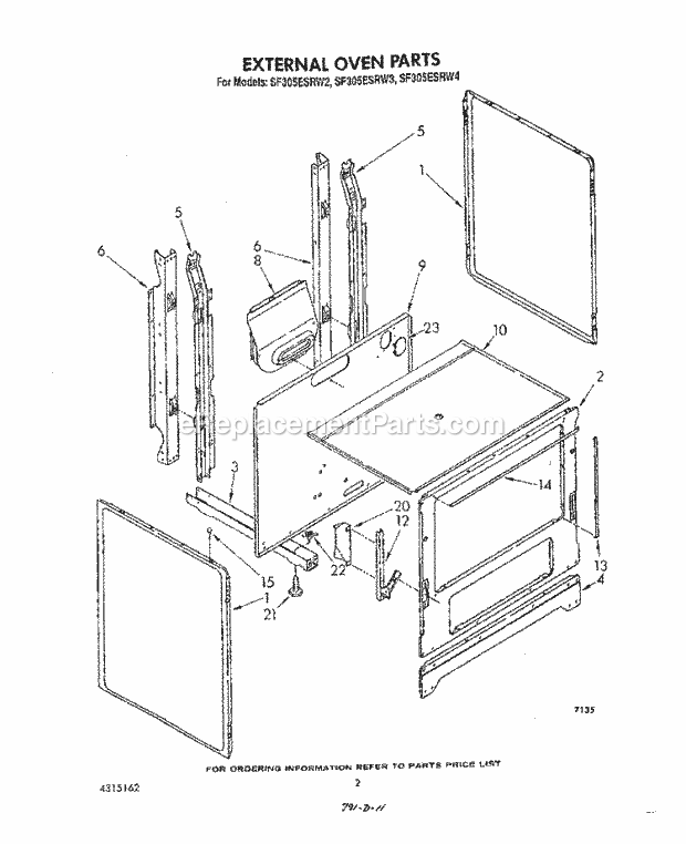 Whirlpool SF305ESRW2 Gas Range External Oven Diagram