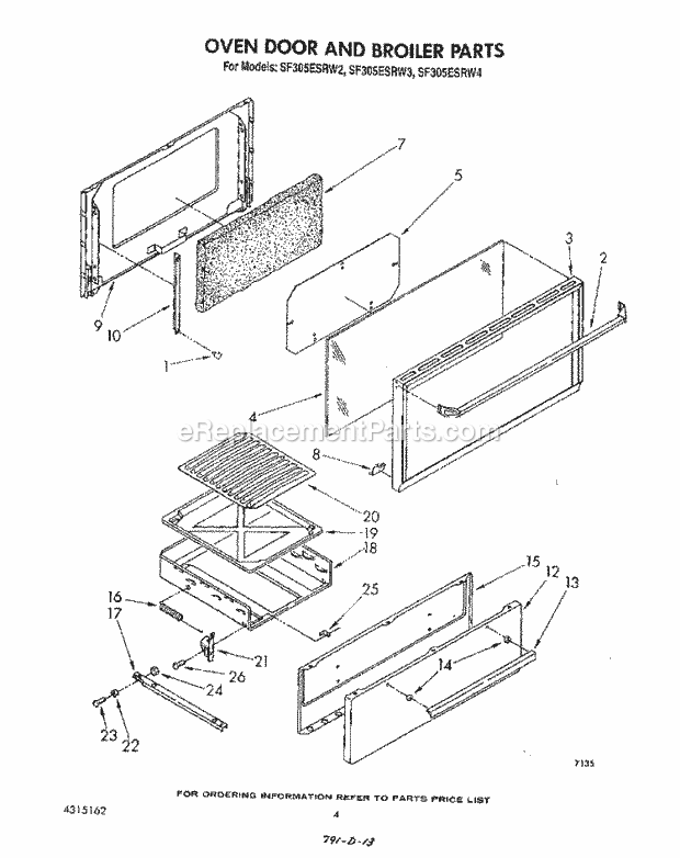 Whirlpool SF305ESRW2 Gas Range Oven Door and Broiler Diagram