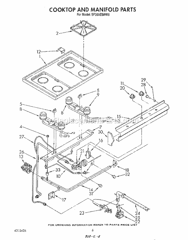 Whirlpool SF305ESRW5 Gas Range Cook Top and Manifold , Literature Diagram