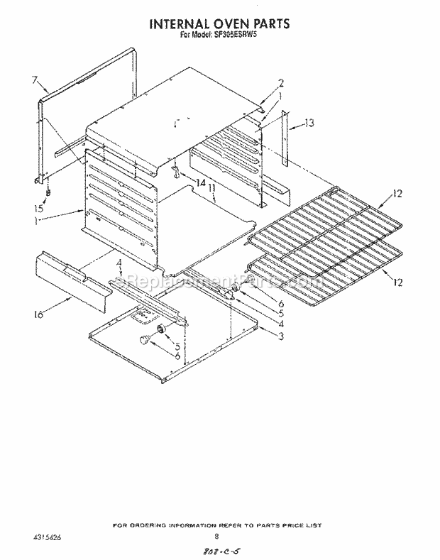 Whirlpool SF305ESRW5 Gas Range Internal Oven Diagram