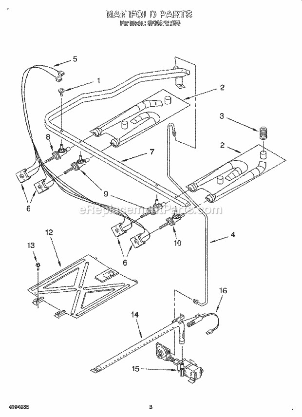 Whirlpool SF305PEEW0 Freestanding Gas Range Manifold Diagram