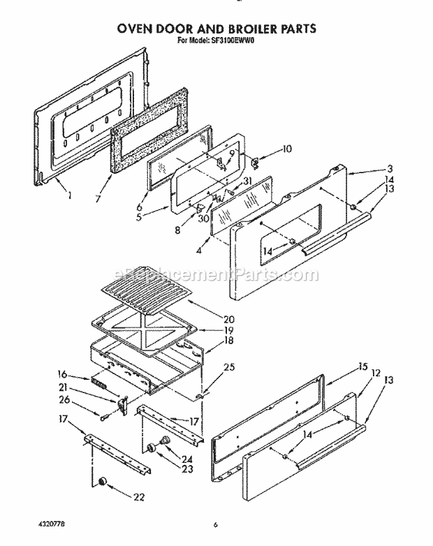 Whirlpool SF3100EWW0 Gas Range Oven Door and Broiler Diagram