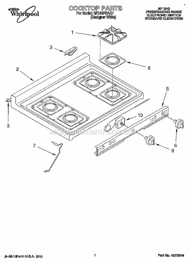 Whirlpool SF310PEAQ1 Gas Range and Oven Cooktop Diagram