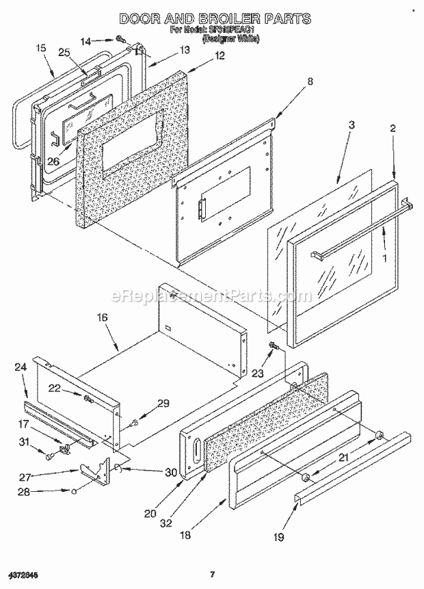 Whirlpool SF310PEAQ1 Gas Range and Oven Door and Broiler Diagram