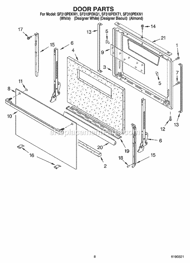 Whirlpool SF310PEKT1 Freestanding Gas Range Door Parts, Miscellaneous Parts Diagram