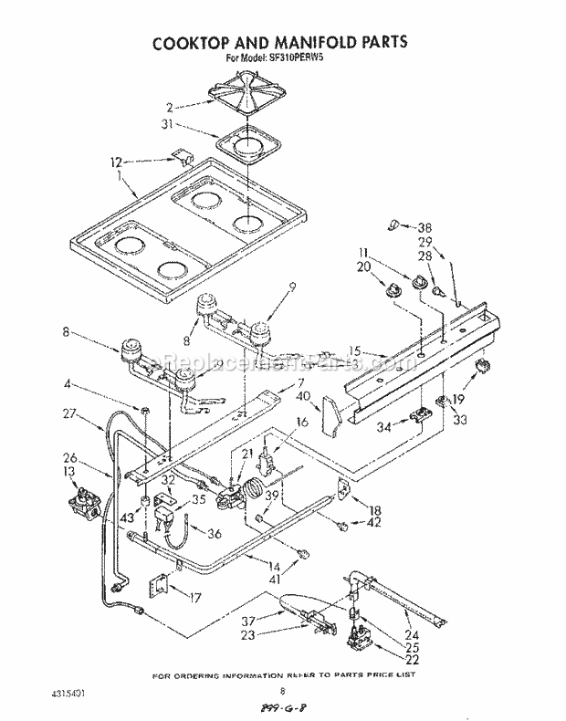 Whirlpool SF310PERW5 Gas Range Cook Top and Manifold , Literature Diagram