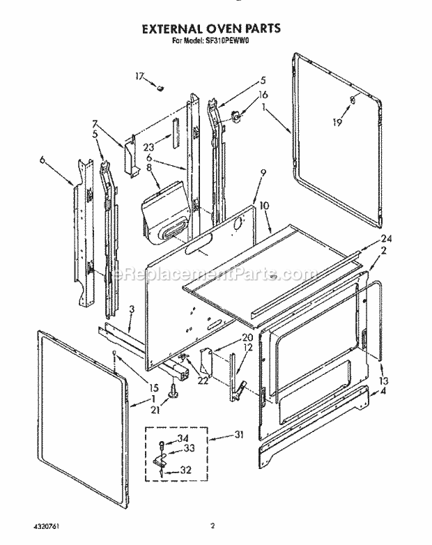 Whirlpool SF310PEWW0 Gas Range External Oven Diagram