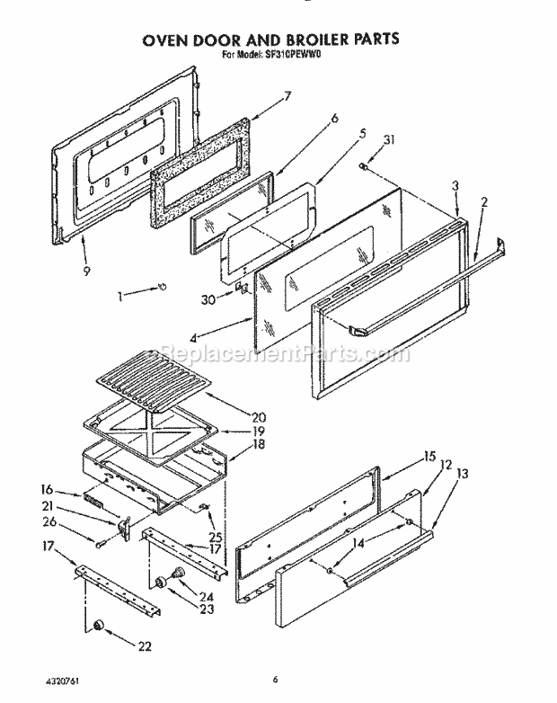 Whirlpool SF310PEWW0 Gas Range Oven Door and Broiler Diagram