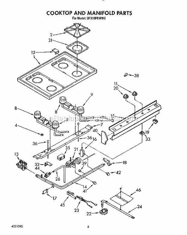 Whirlpool SF310PEWW2 Gas Range Cooktop and Manifold, Lit/Optional Diagram