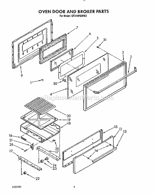 Whirlpool SF310PEWW2 Gas Range Oven Door and Broiler Diagram