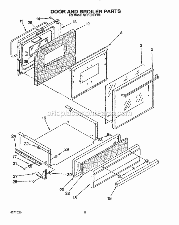 Whirlpool SF310PEYN0 Range Door and Broiler Diagram