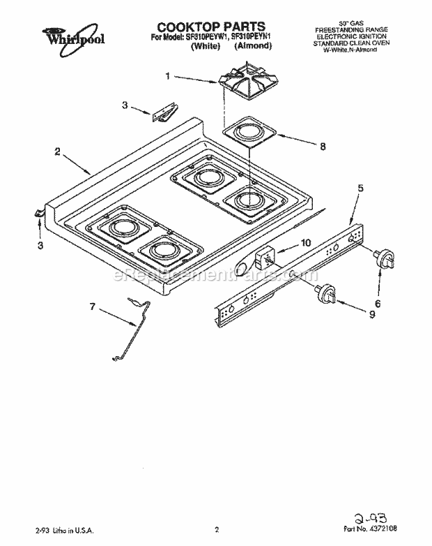 Whirlpool SF310PEYN1 Range Cooktop Diagram