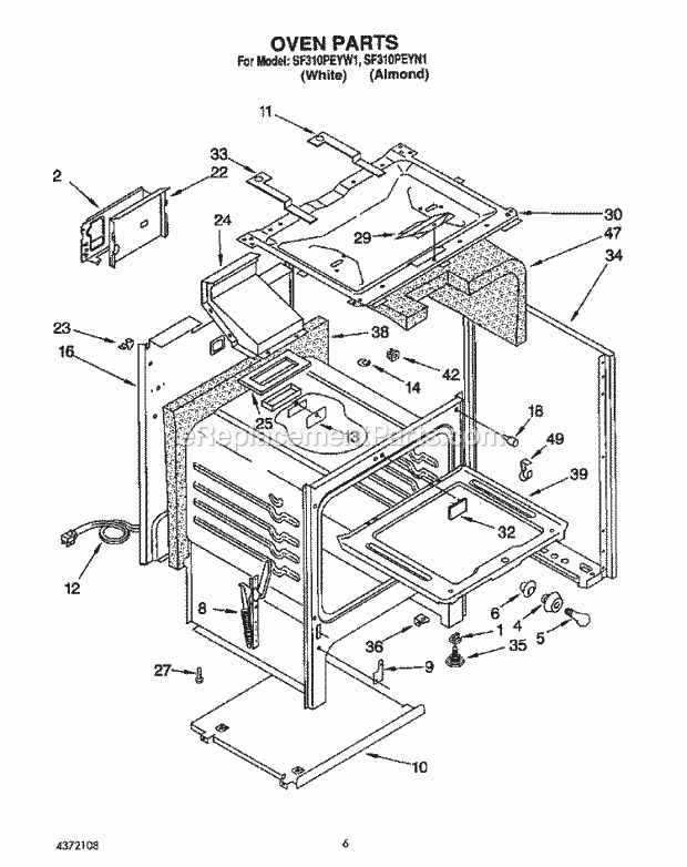 Whirlpool SF310PEYN1 Range Oven Diagram