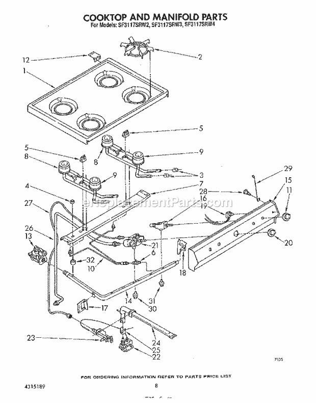 Whirlpool SF3117SRW3 Gas Range Cook Top and Manifold , Literature Diagram