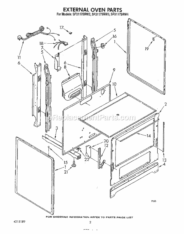 Whirlpool SF3117SRW3 Gas Range External Oven Diagram