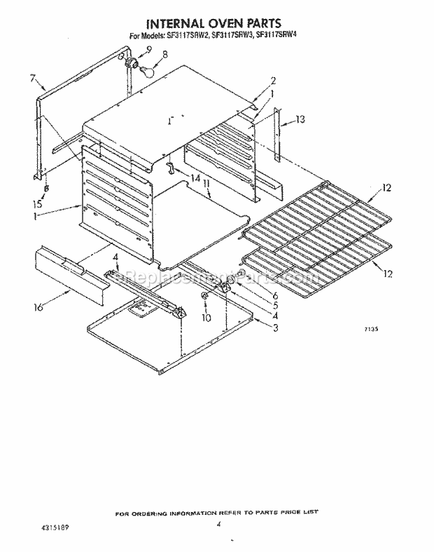 Whirlpool SF3117SRW3 Gas Range Internal Oven Diagram