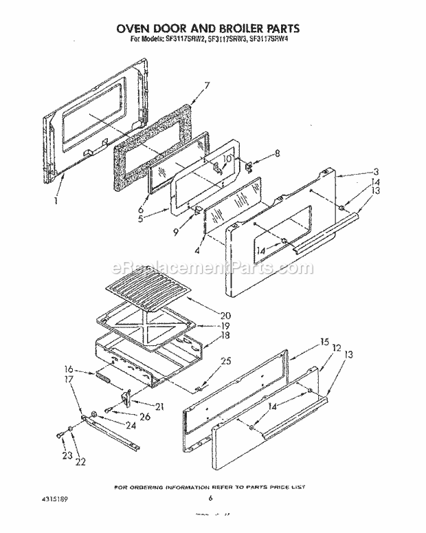 Whirlpool SF3117SRW3 Gas Range Oven Door and Broiler Diagram