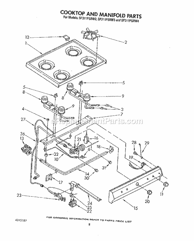 Whirlpool SF311PSRW4 Gas Range Cook Top and Manifold , Literature Diagram