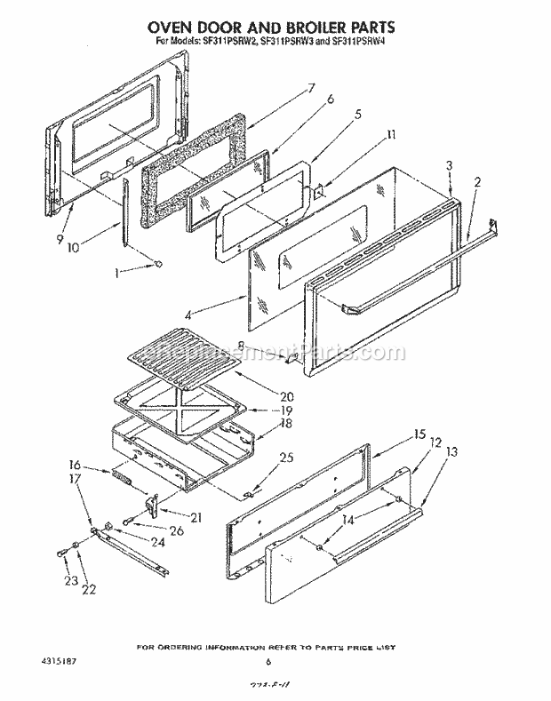 Whirlpool SF311PSRW4 Gas Range Oven Door and Broiler Diagram