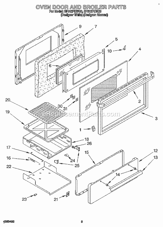 Whirlpool SF312PEWQ0 Gas Range and Oven Oven Door and Broiler Diagram