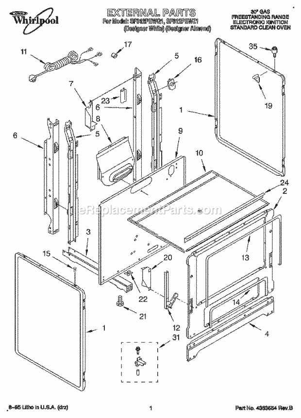 Whirlpool SF312PEWQ1 Gas Range and Oven External Diagram