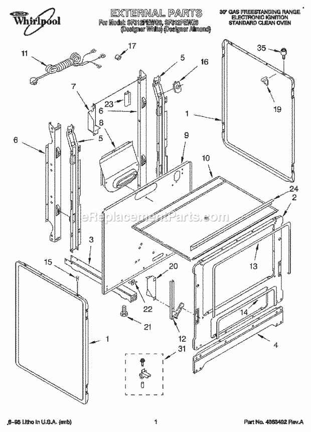 Whirlpool SF312PEWZ0 Gas Range and Oven External Diagram