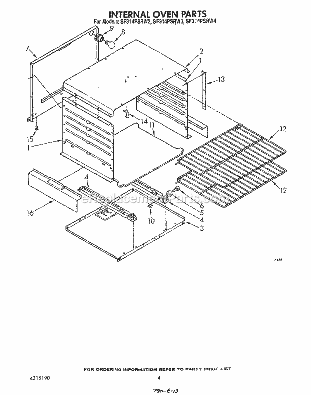 Whirlpool SF314PSRW3 Gas Range Internal Oven Diagram