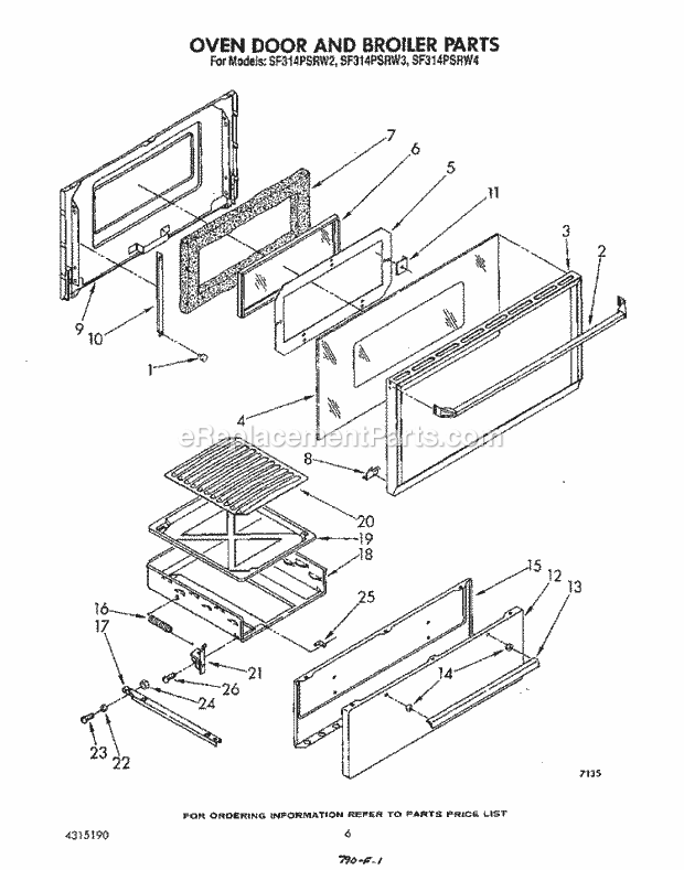 Whirlpool SF314PSRW3 Gas Range Oven Door and Broiler Diagram