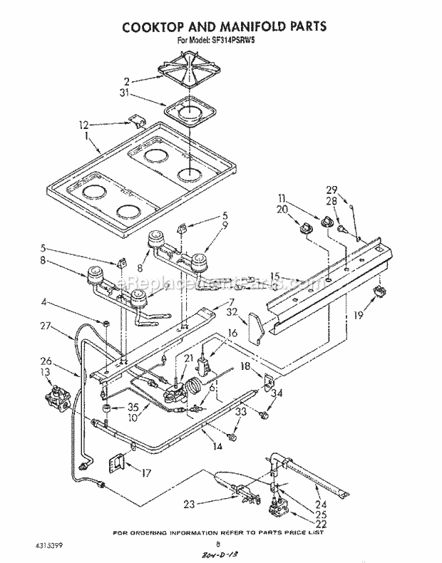 Whirlpool SF314PSRW5 Gas Range Cook Top and Manifold , Literature Diagram