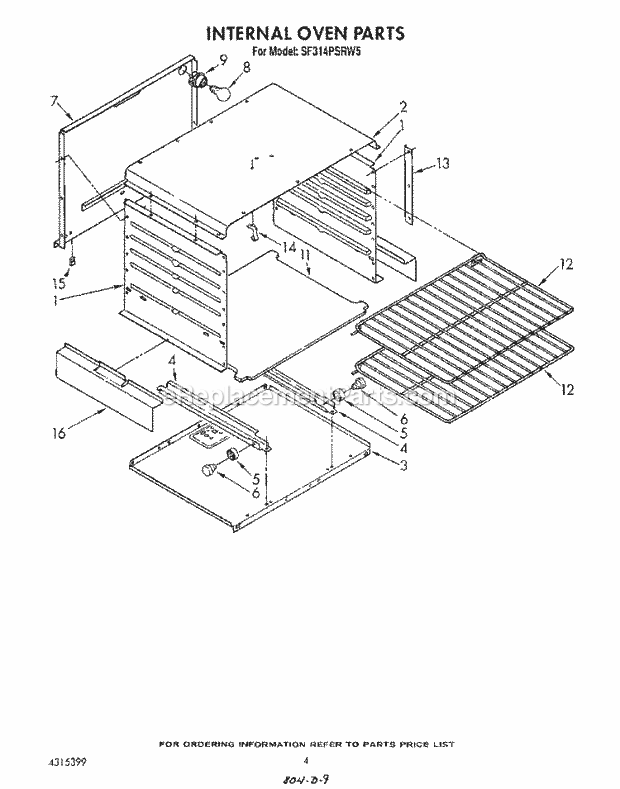 Whirlpool SF314PSRW5 Gas Range Internal Oven Diagram