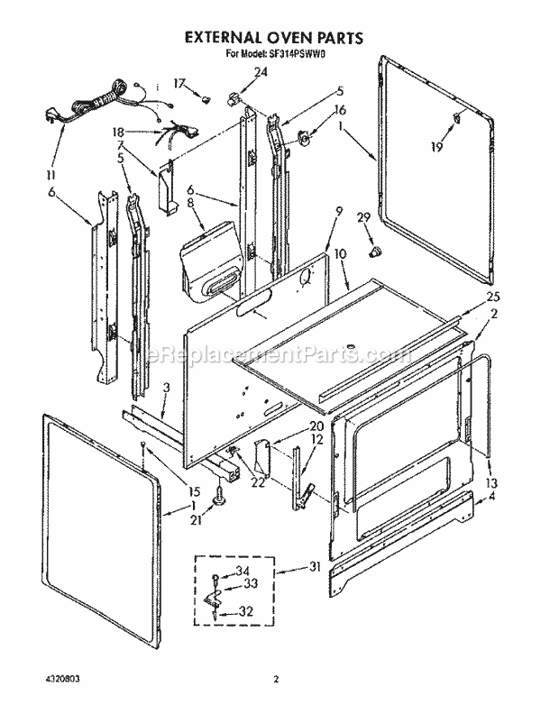 Whirlpool SF314PSWW0 Gas Range External Diagram