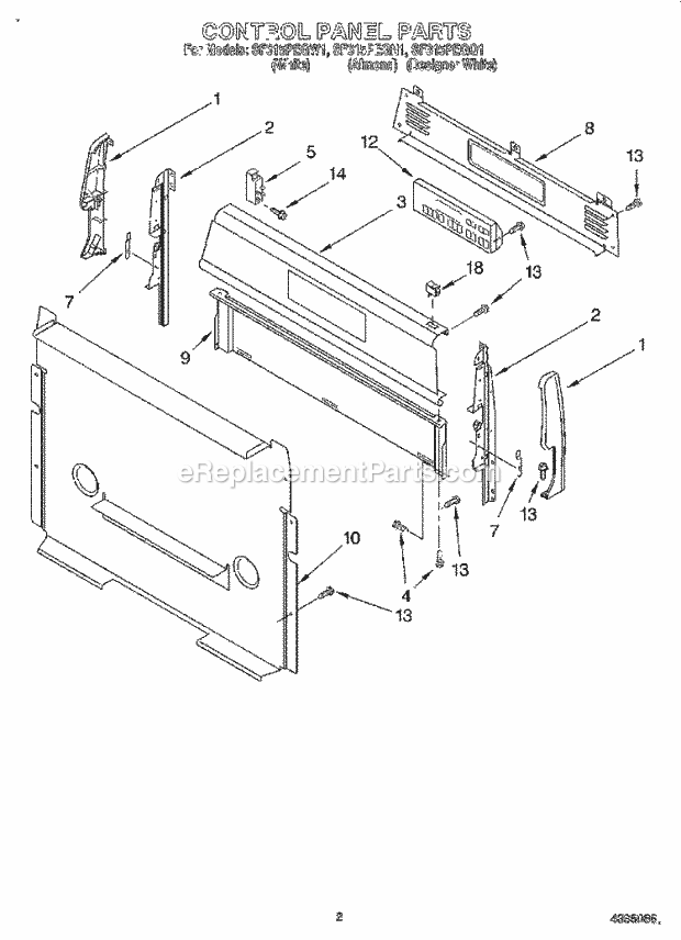 Whirlpool SF315PEGQ1 Freestanding Gas Range Control Panel Diagram