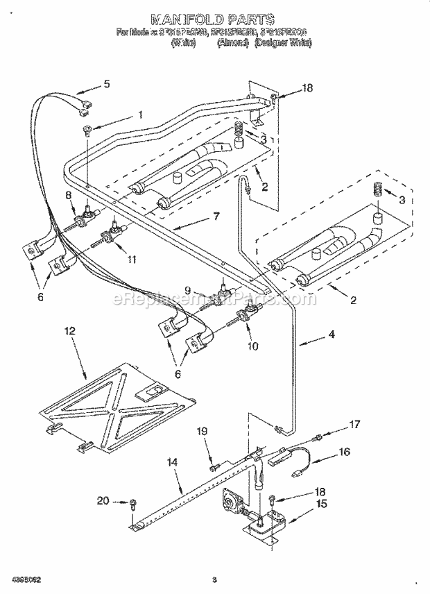 Whirlpool SF315PEGW0 Freestanding Gas Range Manifold Diagram