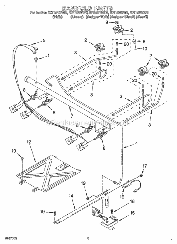 Whirlpool SF315PEGW6 Freestanding Gas Range Manifold Diagram